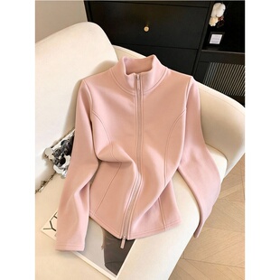 奥特莱斯~余单专柜粉色立领拉链外套女2026新款修身显瘦短款开衫