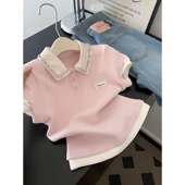 女设计时尚 针织衫 显瘦t恤潮 专柜尾货粉色翻领假两件短袖 清仓尾货