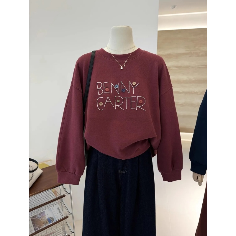 奥特莱斯~清仓特价复古立体纽扣字母韩系小众加绒加厚卫衣女秋冬