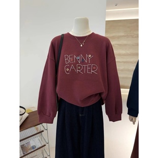 奥特莱斯 复古立体纽扣字母韩系小众加绒加厚卫衣女秋冬 清仓特价