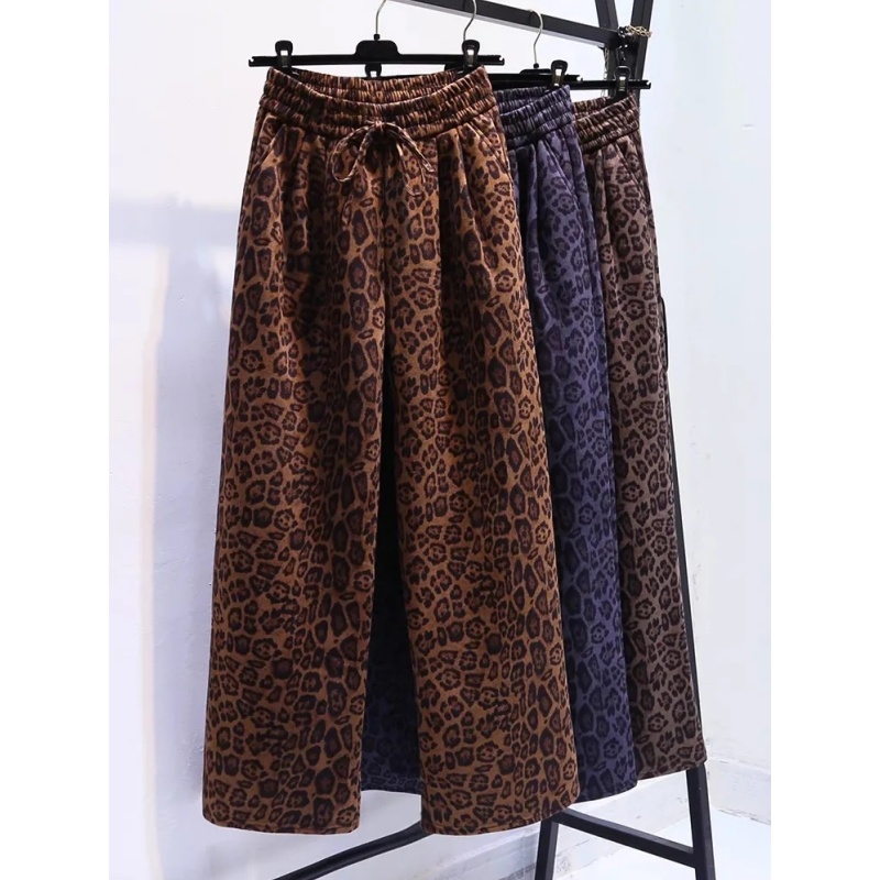 奥特莱斯~撤柜大牌豹纹阔腿裤女加绒显瘦梨形身材直筒拖地裤子冬