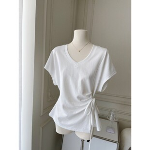 蝙蝠袖 T恤小众设计感修身 上衣 撤柜清仓绑腰收腰V领短袖 奥特莱斯