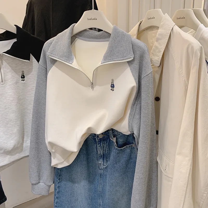 奥特莱斯~品牌余单半拉链撞色翻领加绒加厚卫衣女刺绣胸标上衣秋