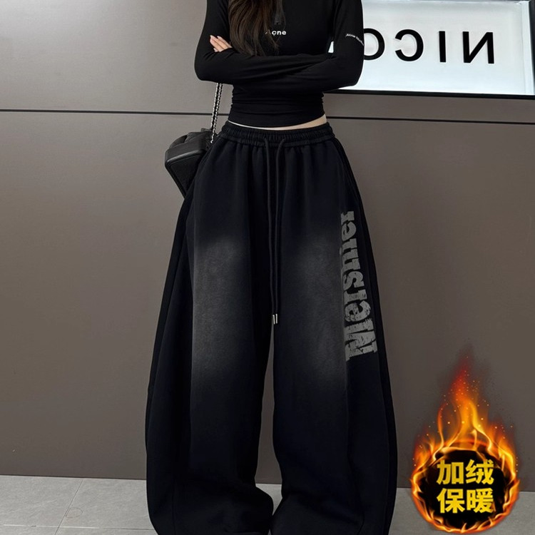 奥特莱斯~正品撤柜美式高街做旧黑色阔腿裤女加绒嘻哈弯刀休闲裤