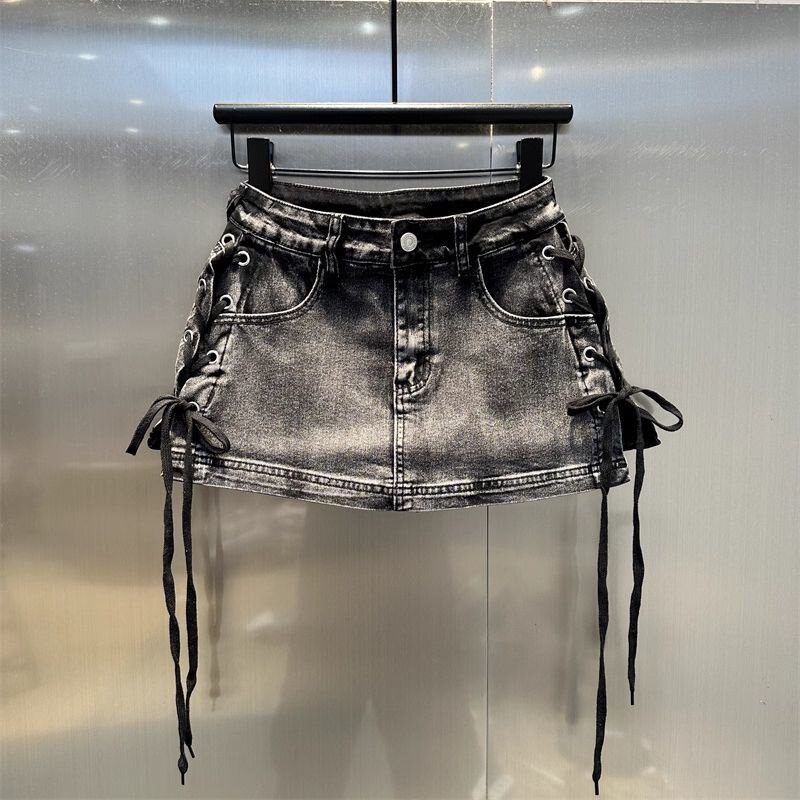 奥特莱斯~正品撤柜高腰牛仔短裙女时尚百搭新款A字绑绳半身包臀裙