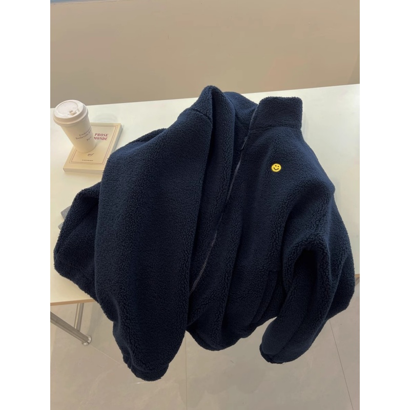 清仓捡漏~大牌余单开衫立领羊羔绒外套女宽松慵懒笑脸刺绣上衣冬