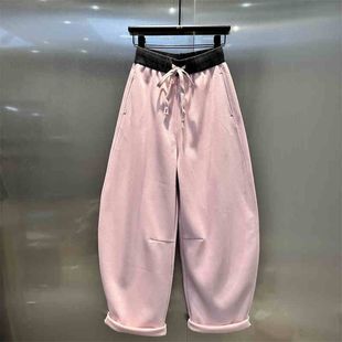 堆堆香蕉裤 奥特莱斯 品牌余单粉红色减龄百搭腰头撞色休闲弯刀裤