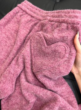 奥特莱斯~专柜特价梅子色爱心口袋直筒裤秋冬加厚毛绒绒保暖卫裤