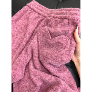 秋冬加厚毛绒绒保暖卫裤 梅子色爱心口袋直筒裤 专柜特价 奥特莱斯