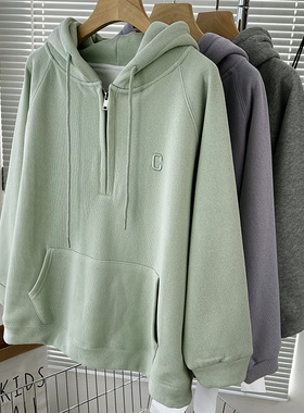 奥特莱斯~清仓特价字母刺绣半拉链卫衣女宽松慵懒插肩袖连帽外套