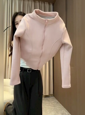 奥特莱斯~大牌特价欧货粉色双面绒立领卫衣外套女冲锋衣开衫上衣