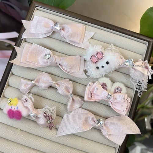 钩织粉色可爱款进口丝带宠物发夹狗狗发卡宠物头花西施夹青蛙夹