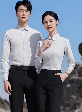 职业衬衫纯棉男女衬衣文员白色蓝色全棉T衫上班职场高端免熨衬衫