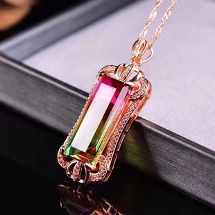 镀925银巴西天然彩虹西瓜碧玺吊坠项链原矿女款闺蜜礼物高档气质