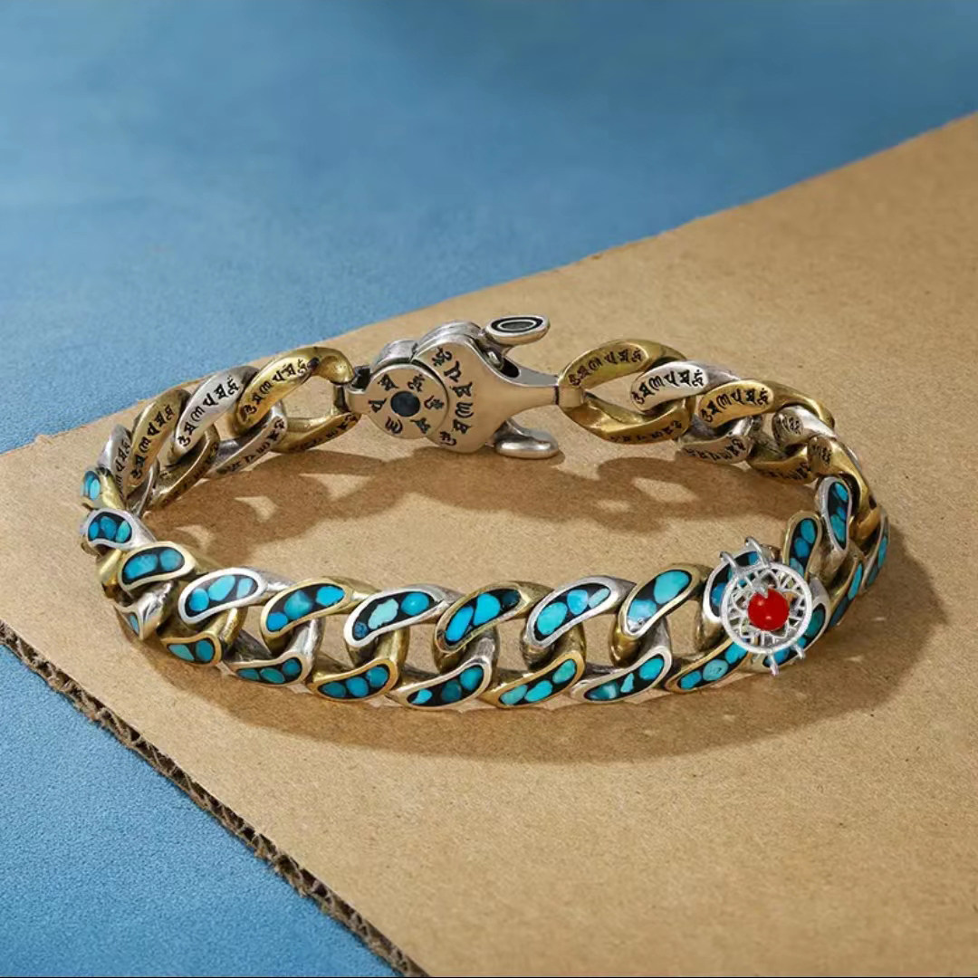 镀925银高档六字真言套环S925绿松石男女手链时尚个性国朝镶玛瑙