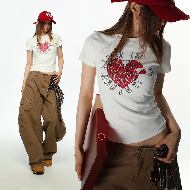 MOODQUAKE原创设计爱心印花短袖T恤女夏季新款修身显瘦百搭上衣