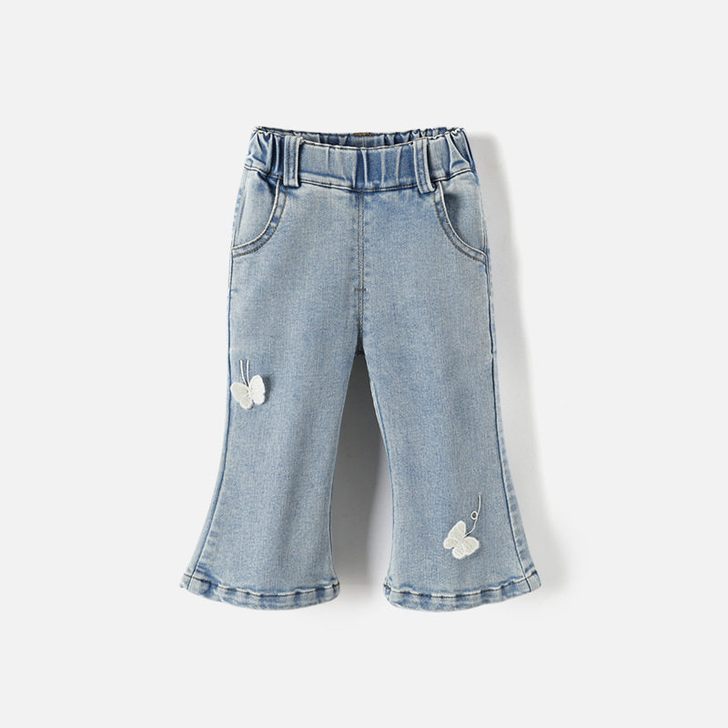 品牌折扣童装春秋女童牛仔裤甜美喇叭裤韩版立体小蝴蝶宽松长裤女