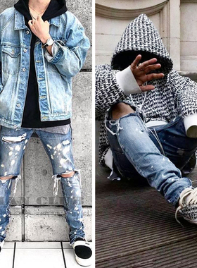 FotiGmanClub FOG ESSENTIALS 主线精液牛泼墨破洞牛仔裤长裤比伯