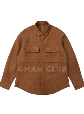 FotiGmanClub 复古麂牛皮大口袋翻领真皮衣衬衫式夹克宽松外套男