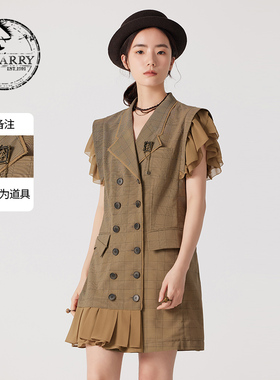 D-HARRY/迪哈利夏季新款网纱拼接咖色格纹连衣裙DH242J97231D