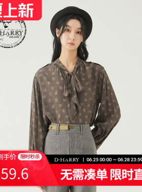D-HARRY/迪哈利夏季新款复古V领印花长袖女衬衫DH232R96057D