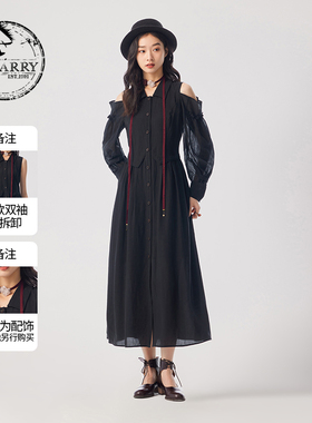 D-HARRY/迪哈利夏新款可拆卸袖套黑色露肩连衣裙DH242J97185D