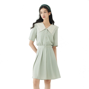 D-HARRY/迪哈利夏新款复古百搭豆绿色短袖连衣裙DH232J96171D