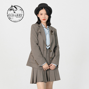 迪哈利复古咖色细格上衣西装 女百搭长款 外套DH231A95865D HARRY