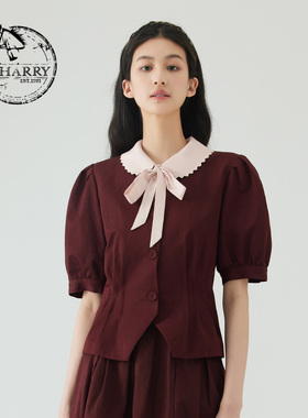 D-HARRY/迪哈利夏新款复古泡泡袖短袖酒红色外套DH232A96165D