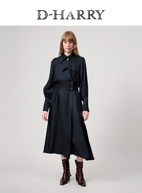 D-HARRY/迪哈利2025春秋新款复古墨绿色收腰连衣裙DH251J90103D
