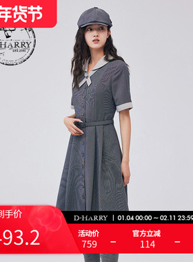 D-HARRY/迪哈利2023新款复古通勤收腰灰色拼接长裙DH233J96302D