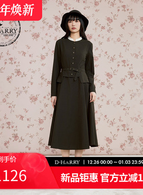 D-HARRY/迪哈利2025秋季新款优雅收腰深绿长袖连衣裙DH253J90657B