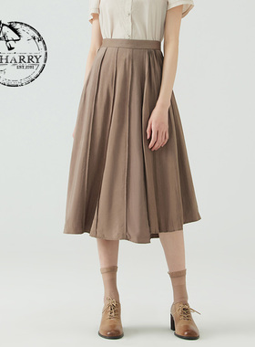 D-HARRY/迪哈利夏季新款时尚深卡其色半压褶长裙DH232M96106D