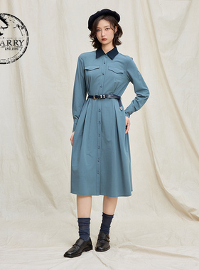 D-HARRY/迪哈利2025冬季新款显瘦百搭蓝色长袖连衣裙DH254J90916B