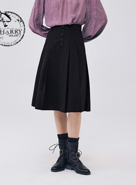 D-HARRY/迪哈利新款复古文艺通勤藏青色半裙DH233M96363D