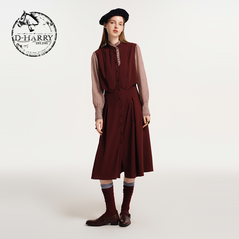 D-HARRY/迪哈利酒红色连衣裙