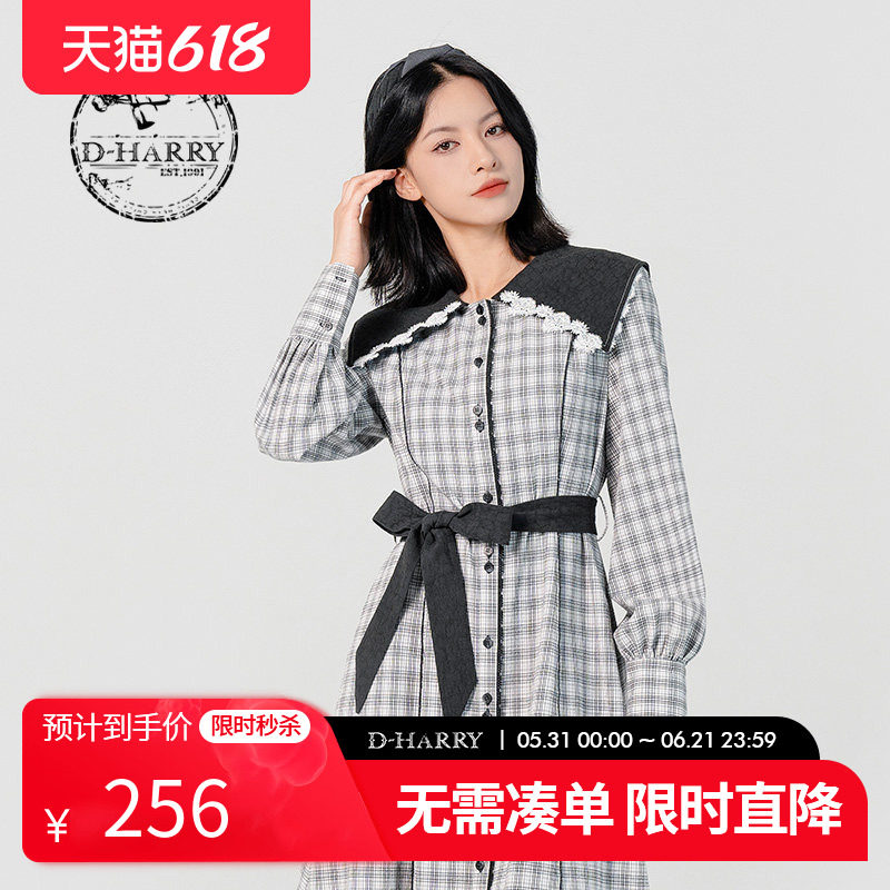 D-HARRY/迪哈利新款大翻领灰色格子系带连衣裙DH231J95987D