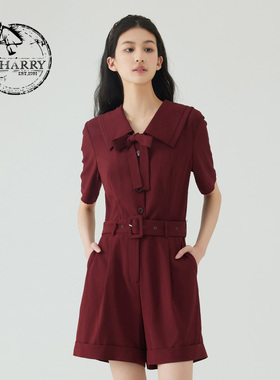 D-HARRY/迪哈利夏季新款复古波浪边酒红色连体裤DH232L96156D