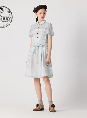 D-HARRY/迪哈利夏新款时尚绿条纹A字短袖连衣裙DH242J97315D