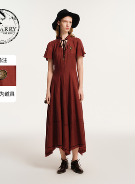 D-HARRY/迪哈利新款复古V领红色短袖连衣裙DH243J97392D