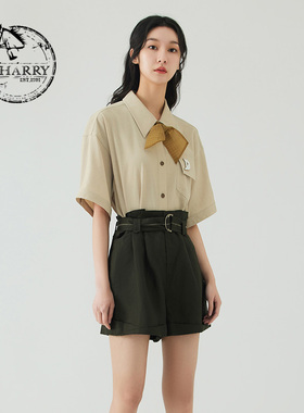 D-HARRY/迪哈利夏新款卡其色不规则袋盖短袖衬衫DH232D96261D
