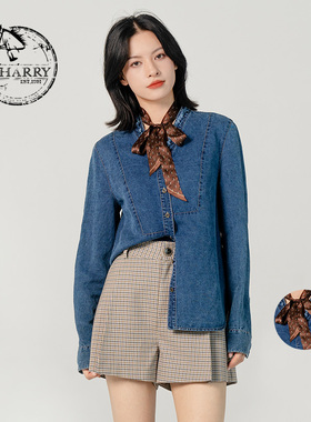 D-HARRY/迪哈利新款复古荷叶边V领牛仔衬衫DH231H95970D