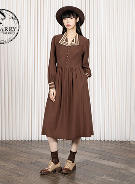 D-HARRY/迪哈利2025冬季新款复古优雅咖色长袖连衣裙DH254J90996T