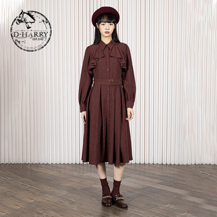 D-HARRY/迪哈利2025冬季新款复古深红色长袖连衣裙DH254J90997T
