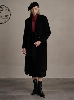 D-HARRY/迪哈利冬新款复古防风保暖黑色收腰大衣DH244F97885D
