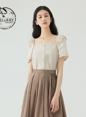 D-HARRY/迪哈利夏新款复古文艺米色方领短袖单衣DH232R96107D