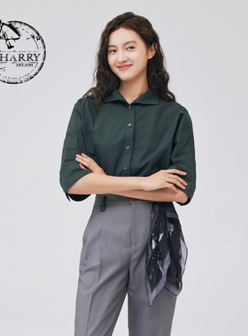 D-HARRY/迪哈利新款复古休闲百搭绿色短袖衬衫DH233D96330D