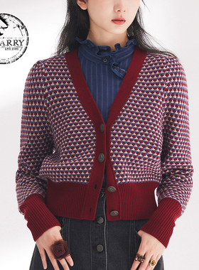D-HARRY/迪哈利春秋新款复古优雅酒红拼蓝格纹开衫DH241C96876D