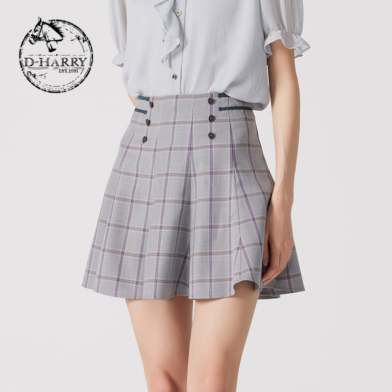 D-HARRY/迪哈利夏新款复古学院灰紫色格纹中短裙DH242M97110D