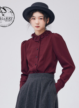 D-HARRY/迪哈利新款复古双层领长袖酒红衬衫DH233D96528D